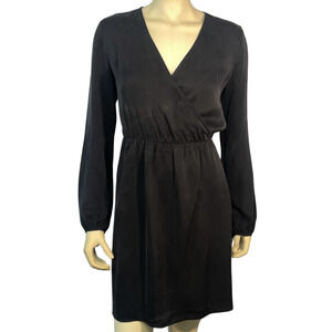 Theory Sz L Liev Wrap Dress Long Puff Sleeve V-Neck Black Cicero Silk Minimalist